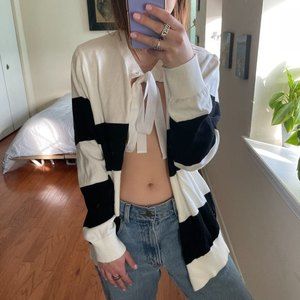 Weill Stripe Open Front Cardigan with Tie Neck Black White Size 12